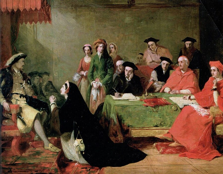 Queen Katherine of Aragon kneeling before Henry VIII at the Legatine Court